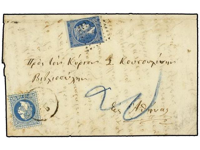 LEVANTE: CORREO AUSTRIACO. 1873. CHIOS To ATHENS. 10 Soldi Blue, Taxed On Arrival With Greek 20 L. Blue Stamp (one Short - Autres & Non Classés