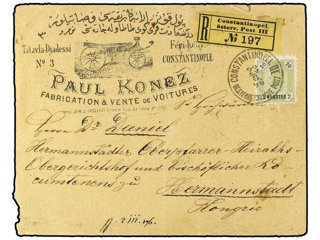 LEVANTE: CORREO AUSTRIACO. 1896. Registered Advertising Cover To HUNGARY, Franked With 2 Pi./20 Kr. Olive Green (Mi 28), - Autres & Non Classés