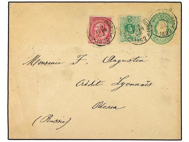 BELGICA. 1890 (Feb 20). 10c Green Stationery Envelope Used To Odessa, Russia And Up-rated With 1884 5c Green And 10c Car - Autres & Non Classés