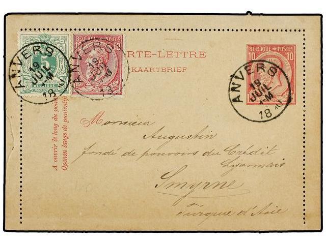 BELGICA. 1890 (June 19). 10c Rose Stationery Letter-card Used To SMYRNE, Turkey And Up-rated With 1884 5c Green And 10c - Autres & Non Classés