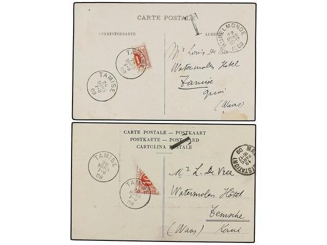 BELGICA. 1909. 2 Tarjetas Postales Circuladas A TAMISE Tasadas A La Llegada Con Sellos De 10 Cts. Rojo Bisectados Para S - Autres & Non Classés