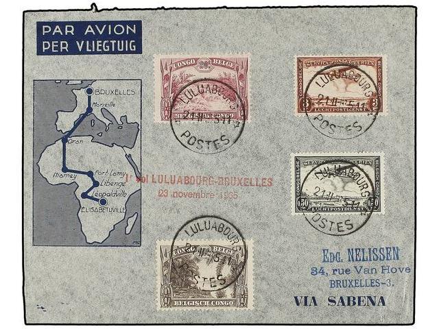 CONGO BELGA. 1935 (21-II). LULUABOURG A BRUSELAS. Primer Vuelo, Marca En Color Rojo, Al Dorso Llegada. (Mu. 46). - Autres & Non Classés