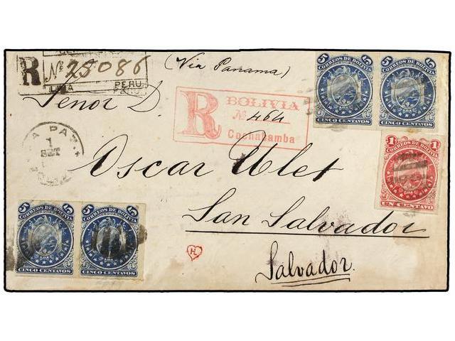 BOLIVIA. Sc.23, 25 (4). 1888. LA PAZ A SAN SALVADOR. 1 Ctvo. Carmín Lila Y 5 Ctvos. Azul (4) Carta Certificada Circulada - Autres & Non Classés