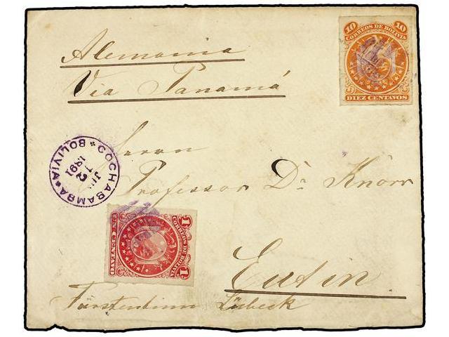 BOLIVIA. Sc.24, 27. 1891. COCHABAMBA A ALEMANIA. 1 Ctvo. Rosa Y 10 Ctvos. Naranja. Al Dorso Llegada. - Autres & Non Classés