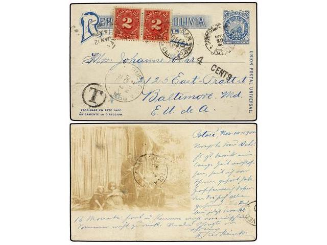 BOLIVIA. 1900. POTOSÍ A U.S.A. Entero Postal De 2 Ctvos. Azul Con Fotografía En El Reverso. Circulada Vía Buenos Aires, - Autres & Non Classés