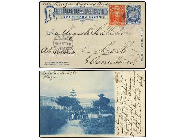 BOLIVIA. 1905. COCHABAMBA A ALEMANIA. Entero Postal De 2 Ctvos. Azul Con Fotografía Impresa En Reverso Y Franqueo Adicio - Autres & Non Classés