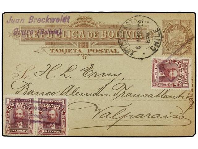 BOLIVIA. 1909. ORURO A VALPARAÍSO. Entero Postal De 1 Ctvo. Con Franqueo Adicional De 1 Ctvo. Lila (3). - Autres & Non Classés