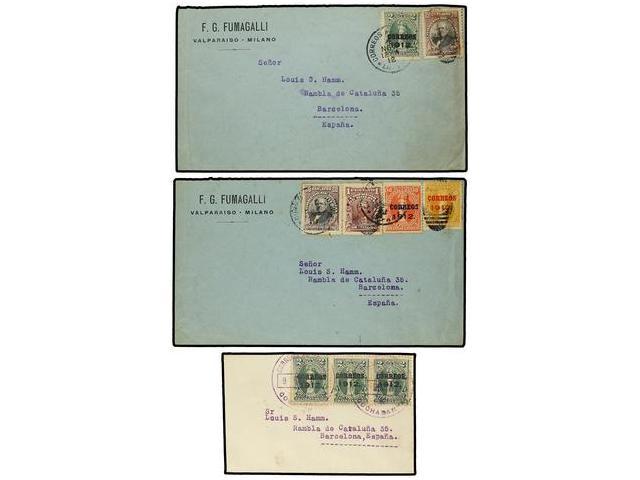 BOLIVIA. Ed.(3). 1912. Tres Cartas Circuladas A BARCELONA Con Sellos Provisionales Habilitados CORREOS 1912. - Autres & Non Classés