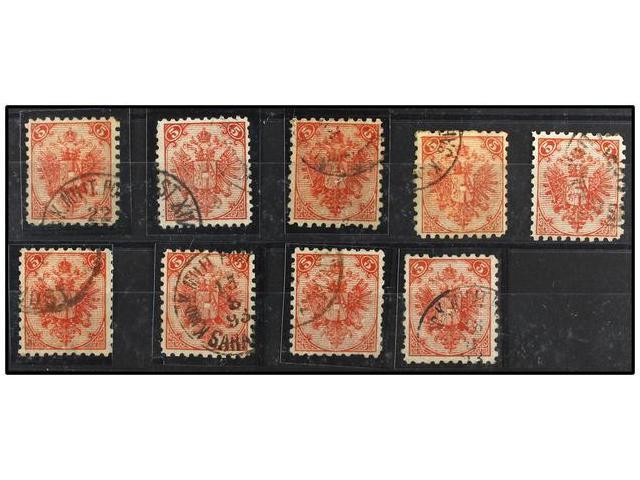 ° BOSNIA-HERZEGOVINA. Fe.5I (9). 1879. 5 Kr. Red, Perf. 9 1/4. Lot Of 9 Stamps Diverse Cancels And Some Perf. Faults. Ca - Autres & Non Classés