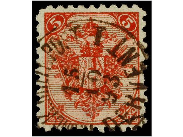 ° BOSNIA-HERZEGOVINA. Fe.5I. 1879. 5 Kr. Red, Perf. 9 1/4 With DERVENT Cancel. Fine. Cat. 200&euro;. - Autres & Non Classés