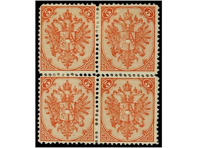 * BOSNIA-HERZEGOVINA. Fe.5I (4). 1879. 5 Kr. Red, Perf. 13. Block Of Four, Some Reinforcements. Ferchenbauer.+640&euro;. - Autres & Non Classés