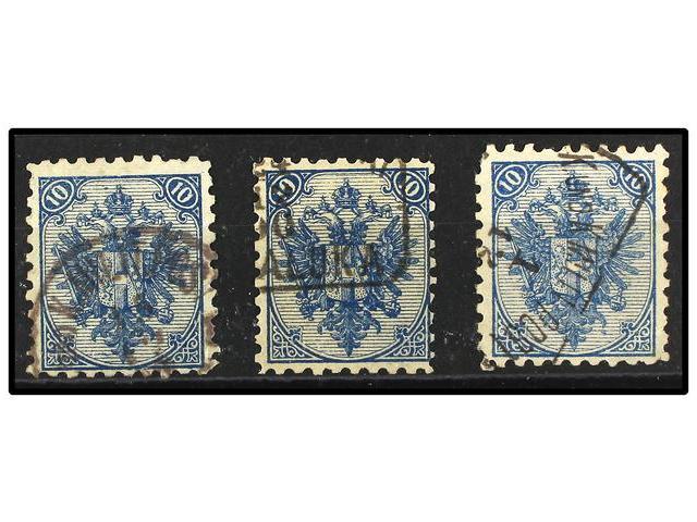 ° BOSNIA-HERZEGOVINA. Fe.6I (3). 1879. 10 Kr. Blue, Perf. 9 1/4 Different Cancels, Minor Perf. Faults. Cat. 1.350&euro;. - Autres & Non Classés