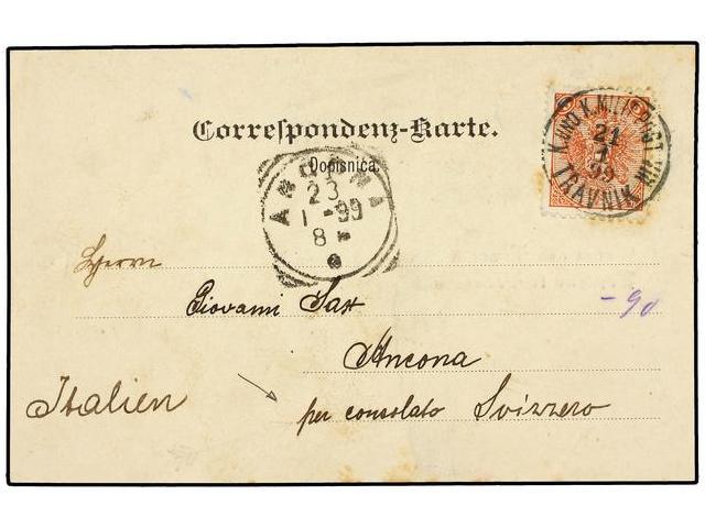BOSNIA-HERZEGOVINA. 1899. TRAVNIK To ANCONA (Italy). Postcard Franked By 5 H. Red, Manuscript ´Per Consulato Svizzero´. - Altri & Non Classificati