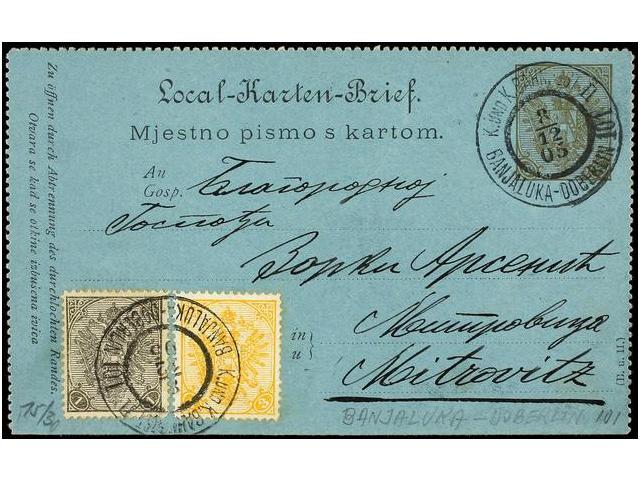 BOSNIA-HERZEGOVINA. Mi.10A, 12A. 1905. BANJALUKA To MITROVITZ. 6 H. Olive Card Uprated With 1 H. Grey And 3 H. Yellow. - Autres & Non Classés