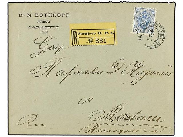 BOSNIA-HERZEGOVINA. Mi.26b. 1903. SARAJEVO To MOSTAR. 35 H. Ultramarine And Black, Registered Cover, Arrival On Back. - Autres & Non Classés