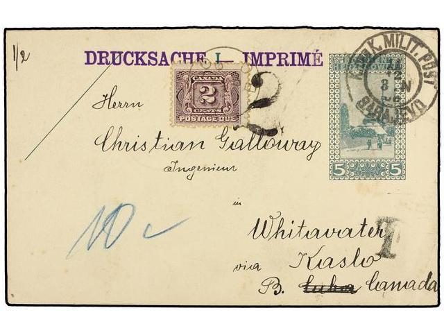 BOSNIA-HERZEGOVINA. 1909. SARAJEVO To KASLO (Canada). 5 Heller + 5 Heller Green Double Postal Stationary Card, Taxed On - Autres & Non Classés