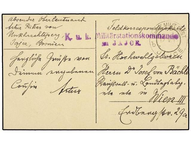 BOSNIA-HERZEGOVINA. 1915. Postcard To WIEN. JAJCE Cds And K.U.K. MILITARSTATIONSKOMMANDO JAJCE. - Autres & Non Classés