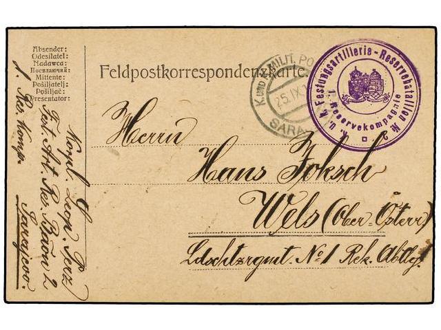 BOSNIA-HERZEGOVINA. 1916. MILITARY CARD. SARAJEVO To WELS. FESTUNGSARTILLERIE-RESERVEBATALLON Nº 2. - Autres & Non Classés