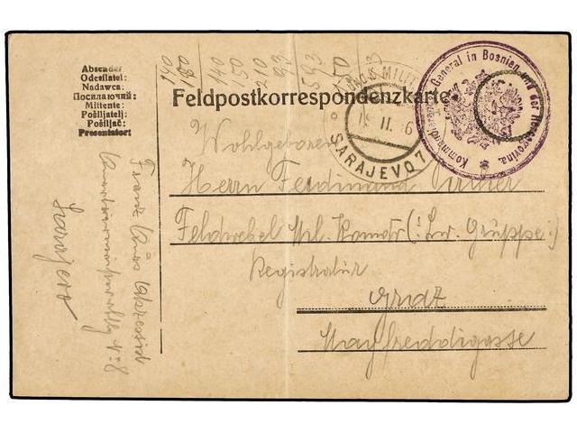 BOSNIA-HERZEGOVINA. 1916. MILITARY CARD. SARAJEVO To GRAND. KOMMANDIEREND GENERAL IN BOSNIEN UND DER HERCEGOVINA. - Autres & Non Classés