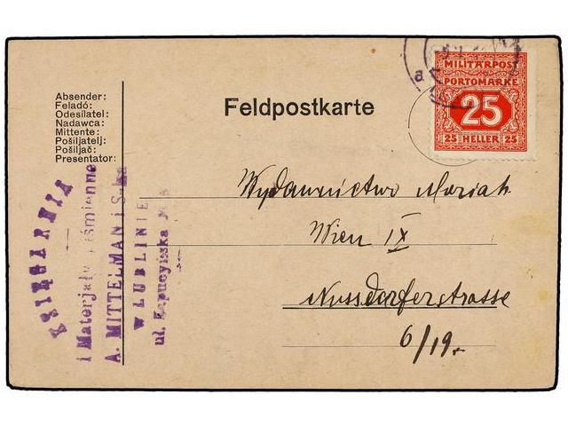 BOSNIA-HERZEGOVINA. 1918. LUBLINIE To WIEN. Militar Card Send With Postage Due Stamp Of 25 Heller Red (Mi. 21). - Autres & Non Classés