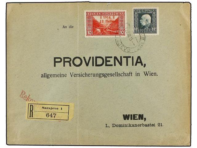 BOSNIA-HERZEGOVINA. Mi.90I, 74. 1915. SARAJEVO To WIEN. 12 H. On 10h. Red And 35 H. Green. Registered Cover. - Autres & Non Classés