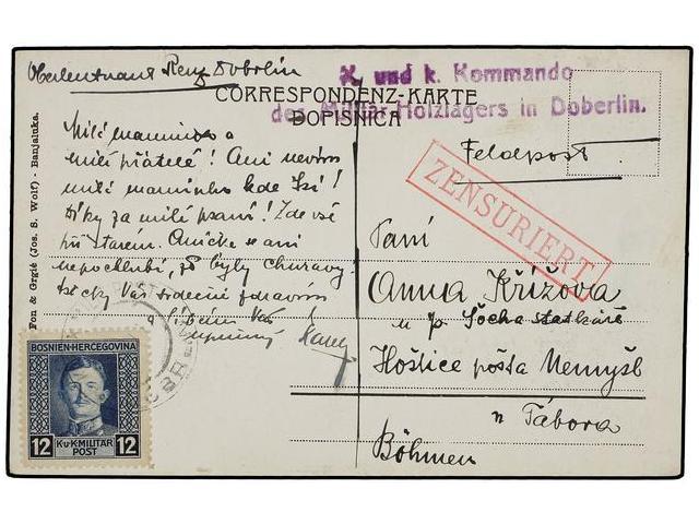 BOSNIA-HERZEGOVINA. Mi.128A. 1917. Postcard Franked By 12 H. Blue With X. UND K. KOMMANDO DES MILITAR-HOLZLAGERS IN DOBE - Autres & Non Classés