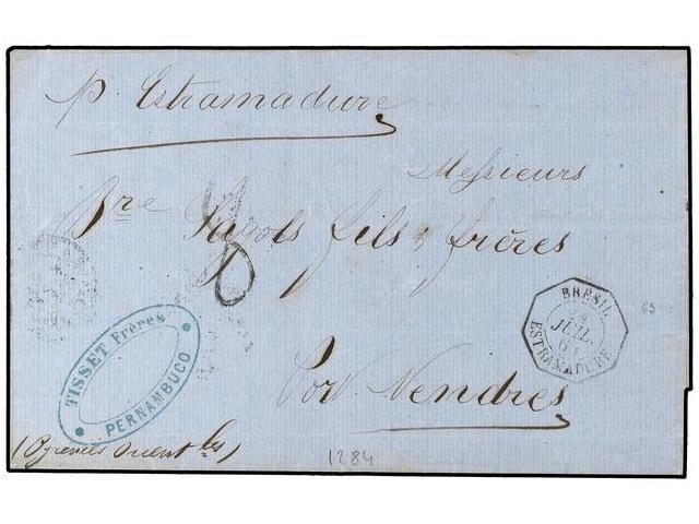 BRASIL. 1865 (14-Julio). PERNAMBUCO (Brasil) A FRANCIA. Fechador Octogonal BRESIL/ESTREMADURE (Salles 1010). MAGNIFICA. - Autres & Non Classés