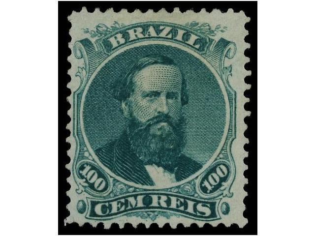 (*) BRASIL. Sc.58b. 1866. 100 Reis Verde PAPEL AZULADO Con Goma No Original. RARO. Cat. 1.000$. - Autres & Non Classés