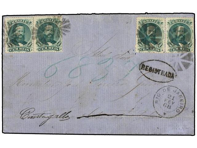 BRASIL. Sc.58(4). 1868. RIO DE JANEIRO A CANTAGALLO. 100 Reis Verde (4), Mat.de Corcho En Negro Y Marca REGISTRADA. MUY - Autres & Non Classés