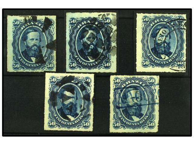 ° BRASIL. Sc.63 (5). 1876-77. 50 Reis Azul. 5 Sellos Con Matasellos Diversos. MUY BONITOS. - Autres & Non Classés