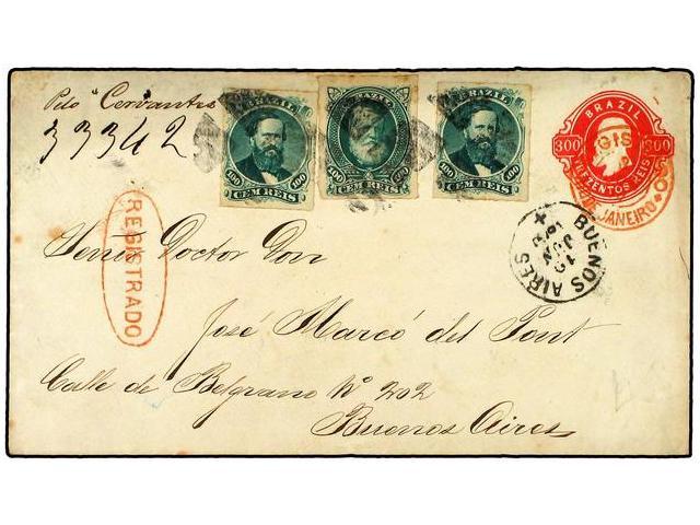 BRASIL. 1880 (June 10). 300r Red Stationery Envelope Sent Registered To Buenos Aires From Rio De Janeiro; Endorsed ´Pelo - Autres & Non Classés