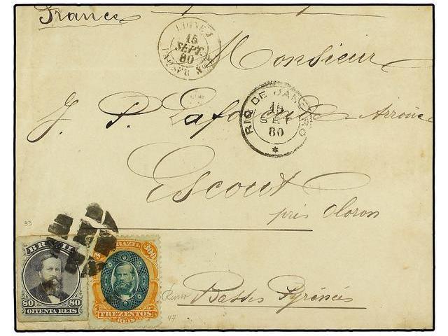 BRASIL. Sc.64, 78. 1880. RÍO DE JANEIRO A FRANCIA. 80 Reis Violeta Y 300 Reis Naranja Y Verde. Mat. MUDO CIRCULAR Y Fech - Autres & Non Classés