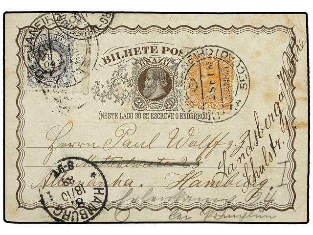 BRASIL. Sc.86, 88. 1888. RÍO DE JANEIRO A ALEMANIA. Entero Postal De 20 Reis Con Franqueo Adicional De 10 Reis Naranja Y - Autres & Non Classés