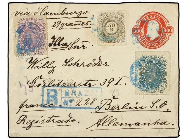 BRASIL. 1893. BRASIL A ALEMANIA. Entero Postal De 300 Reis Rojo Con Franqueo Adicional De 5 Reis Azul, 50 Reis Verde Y 2 - Andere & Zonder Classificatie