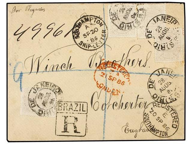 BRASIL. Sc.92(4). 1886. RIO DE JANEIRO A INGLATERRA. 100 Reis Lila (4), Carta Certificada, Fechador SOUTHAMPTON/SHIP LET - Autres & Non Classés