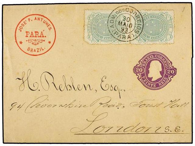 BRASIL. Sc.99 (2). 1893. PARA A LONDRES. FAJA DE PRENSA De 20 Cts. Violeta Con Franqueo Adicional De 20 Reis Verde (2). - Autres & Non Classés