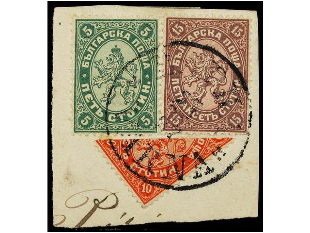 BULGARIA. Yv.15, 16, 17. 1882. 10 St. Red Bisected Used With 5 St. Green And 15 St. Lilac On Piece Making A 25 St. Fraki - Autres & Non Classés