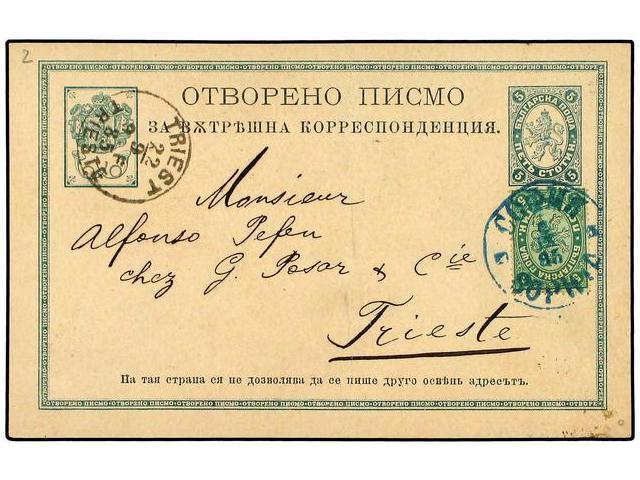 BULGARIA. 1895. 5 S. Postcard (H & G 2) Uprated By 5 S. 1882 Sc. 13 Large Lion And Mailed From SOPHIA To TRIESTE. Biling - Autres & Non Classés