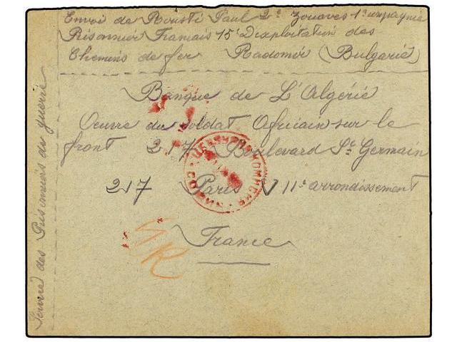 BULGARIA. 1918 (Sept. 12th). Letter From RADOMIR CAMP To The Bank Of ALGERIA. Sent Via The French Section In Paris Deali - Otros & Sin Clasificación