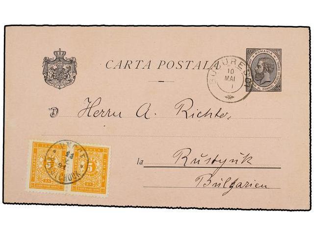 BULGARIA. 1891. BUCAREST (Rumanía) A RUSTCHOUK. Entero Psotal De 5 Bani Negro, Tasado A La Llegada Con Sellos De 5 L. Na - Autres & Non Classés