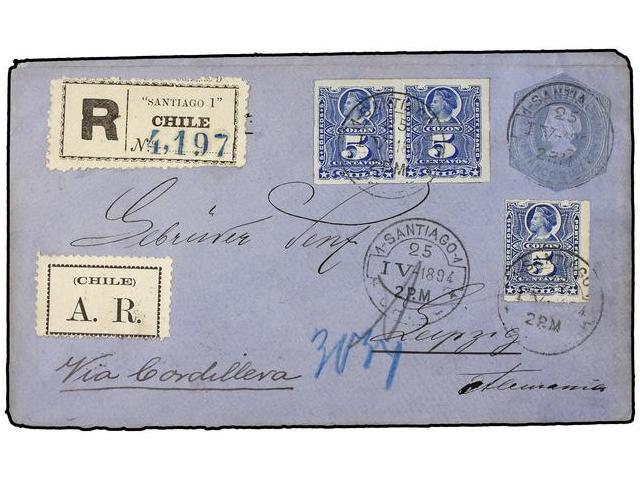 CHILE. Sc.28 (3). 1894. SANTIAGO A ALEMANIA. Entero Postal De 10 Ctvos. Azul Con Franqueo Adicional De 5 Cts. Azul (3), - Other & Unclassified