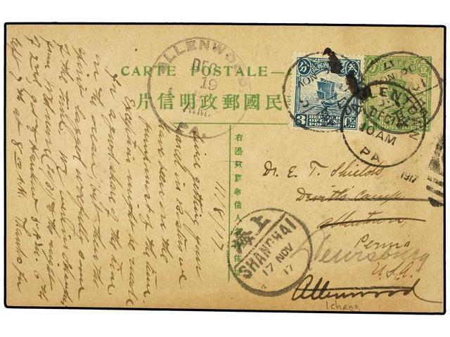 CHINA. 1917. 1 Chan Green Postal Stationery Uprated With 3 Ch. Sent To U.S.A. - Autres & Non Classés