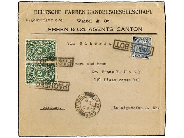 CHINA. 1936 (Feb). Firm´s Corner Card Envelope Of CANTON To LUDWIGSHAFEN (Germany) Via Victoria, Hong Kong (4.2) Bearing - Autres & Non Classés