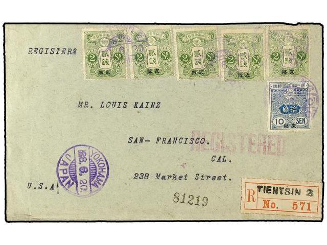 CHINA: OFICINAS POSTALES JAPONESAS. 1920. Registered Cover Franked Opt. Tazawa 2sx5 And 10s Canc. TIENTSIN2, Yokohama Tr - Autres & Non Classés