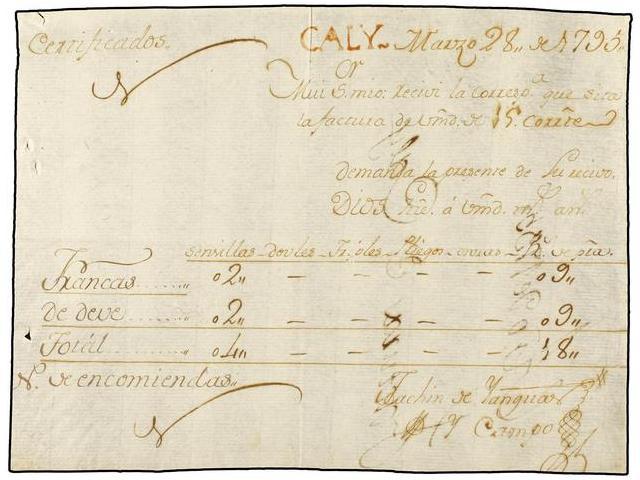 COLOMBIA. 1795 (28 Marzo). RECIBO Del Porte Del Correo De ´2 Cartas FRANCAS´ Y ´2 Cartas De Deve´ Con Un Total De 18 Rea - Autres & Non Classés