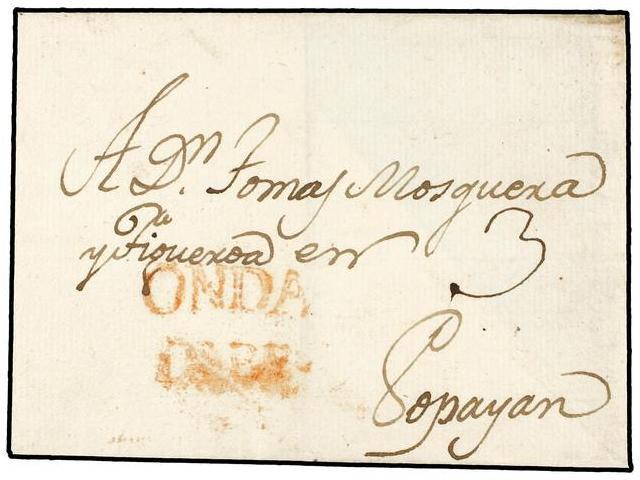 COLOMBIA. (1820 CA.). Envuelta Circulada A POPAYAN. Marca ONDA/DEBE En Rojo. - Other & Unclassified