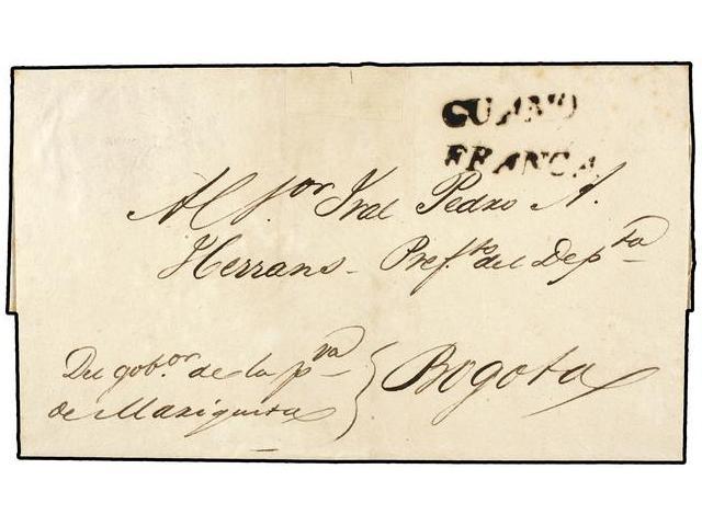 COLOMBIA. (1825 CA.). Envuelta Circulada A BOGOTA, Manuscrito ´Del Gover. De La Pcia. De Mariquita´ Y Marca GUAMO/FRANCA - Autres & Non Classés