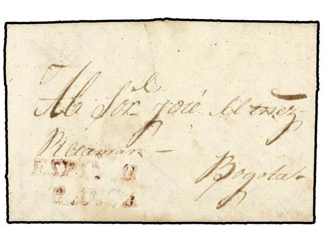 COLOMBIA. 1832 (24 Abril). ESPINAL A BOGOTA. Marcas ESPINAL Y FRANCA En Color Carmín. EXTRAORDINARIAMENTE RARA. - Autres & Non Classés