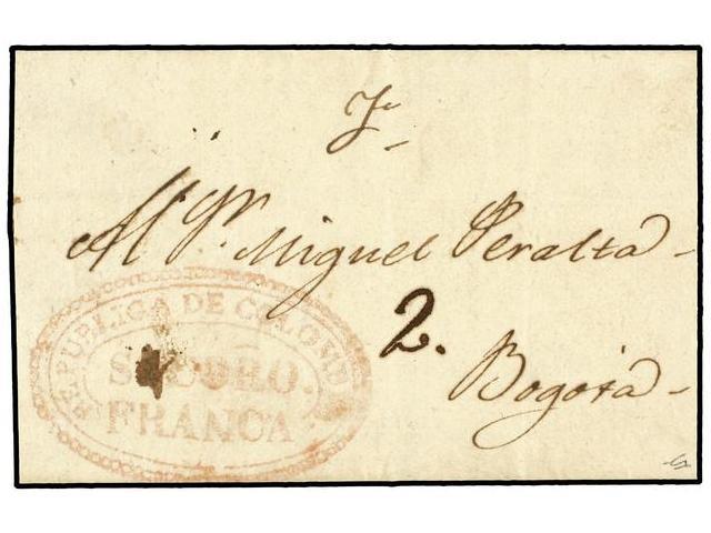 COLOMBIA. (1834 CA.). Envuelta Circulada A BOGOTA. Marca REPUBLICA DE COLOMBIA/SOCORO/FRANCA En Rojo. MUY RARA. Ex. SANT - Autres & Non Classés