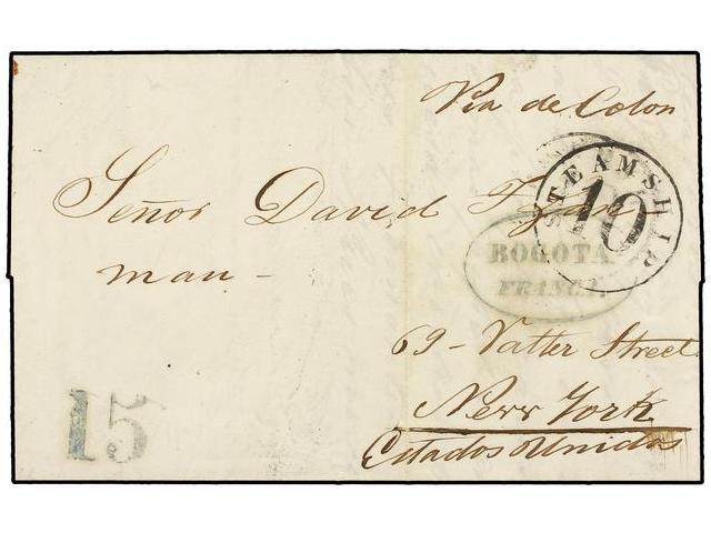 COLOMBIA. 1857. BOGOTA A NEW YORK. Marca BOGOTA/FRANCA Y ´15´ Ambos En Azul, A La Llegada Tasada Con 10 Ctvos. Para El P - Otros & Sin Clasificación